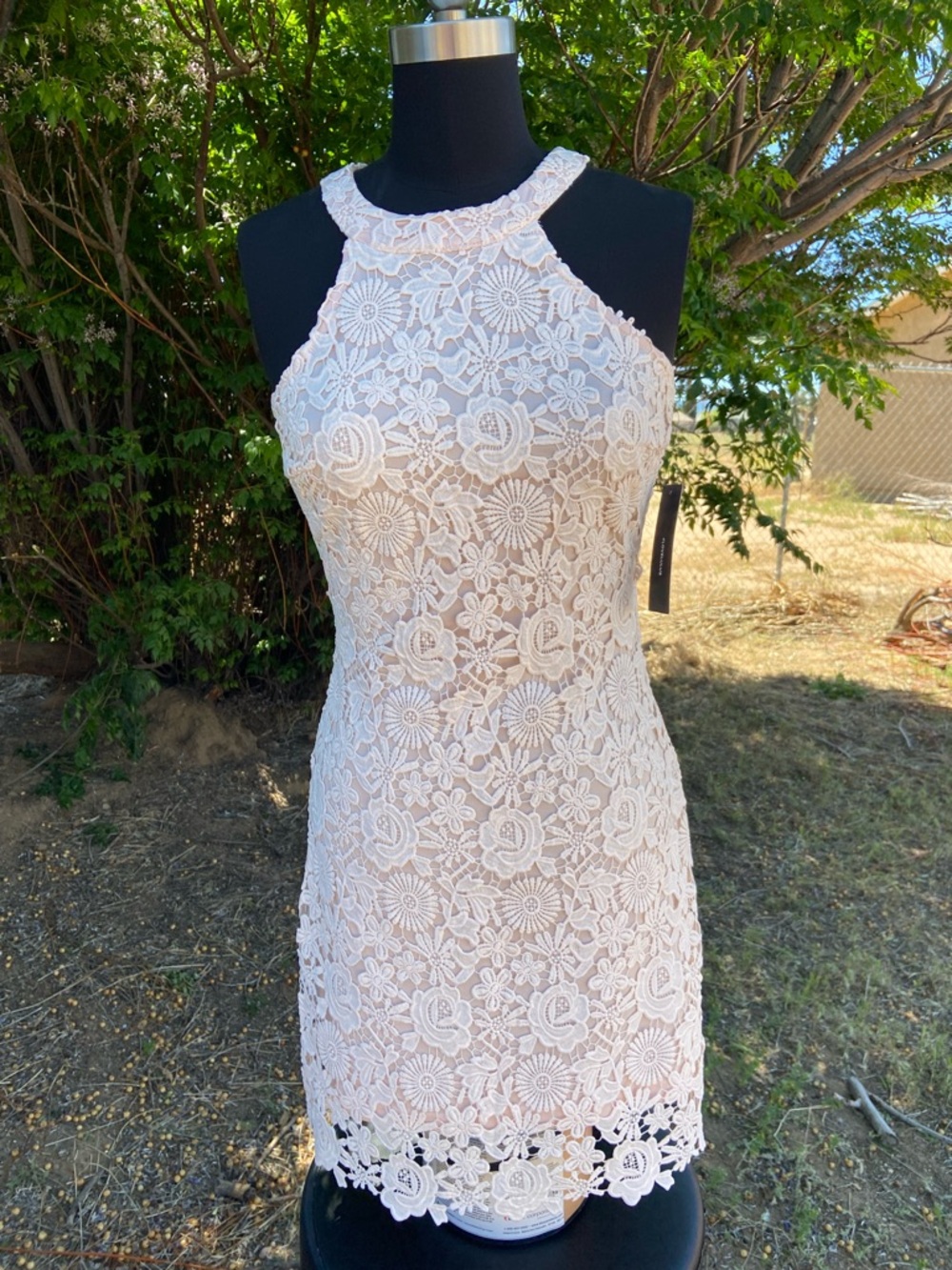 Lulu's Floral Lace Halter Mini Dress in Blush